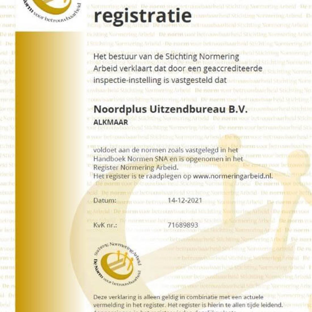 certificaat stichting normering arbeid Noordplus Uitzendbureau