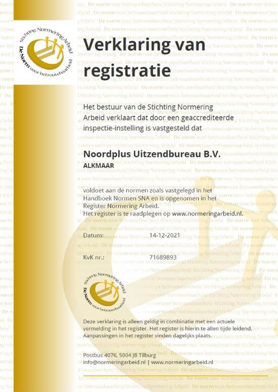 certificaat stichting normering arbeid Noordplus Uitzendbureau